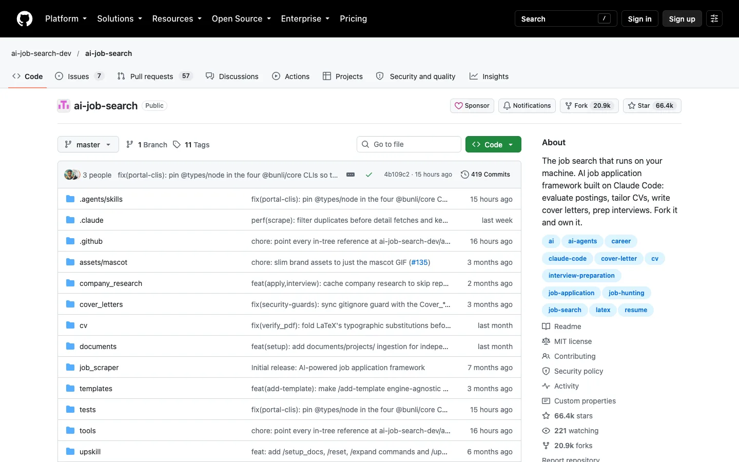 github-repo: Página pública del proyecto AI Job Search en GitHub, con la descripción “AI job application framework built on Claude Code”, capturada el 27/10/2026. No es una prueba local.