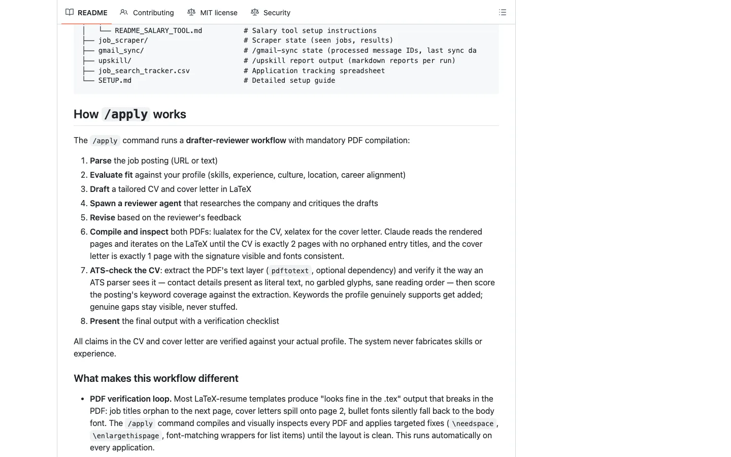 readme-apply: Sección “How /apply works” del README público, con los 8 pasos del comando /apply y la frase de que el sistema no inventa habilidades, capturada el 27/10/2026. No es una prueba local.