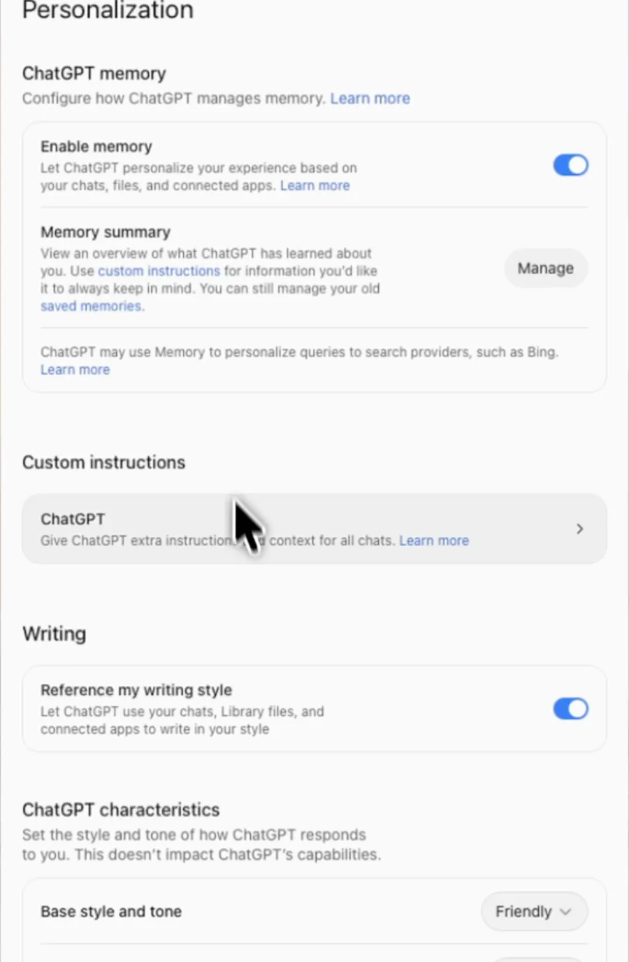 Real English-language Personalization screen showing ChatGPT under Custom instructions.