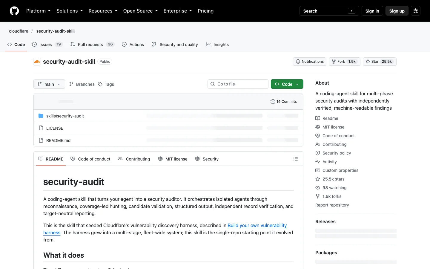 Public GitHub repository page for cloudflare/security-audit-skill, captured 7 October 2026.