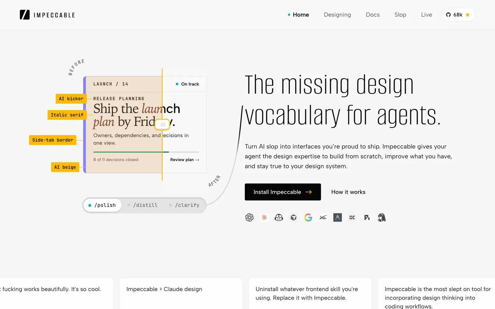 Impeccable home page: 'The missing design vocabulary for agents', with an example card labelled with AI tells and the polish, distill and clarify commands.