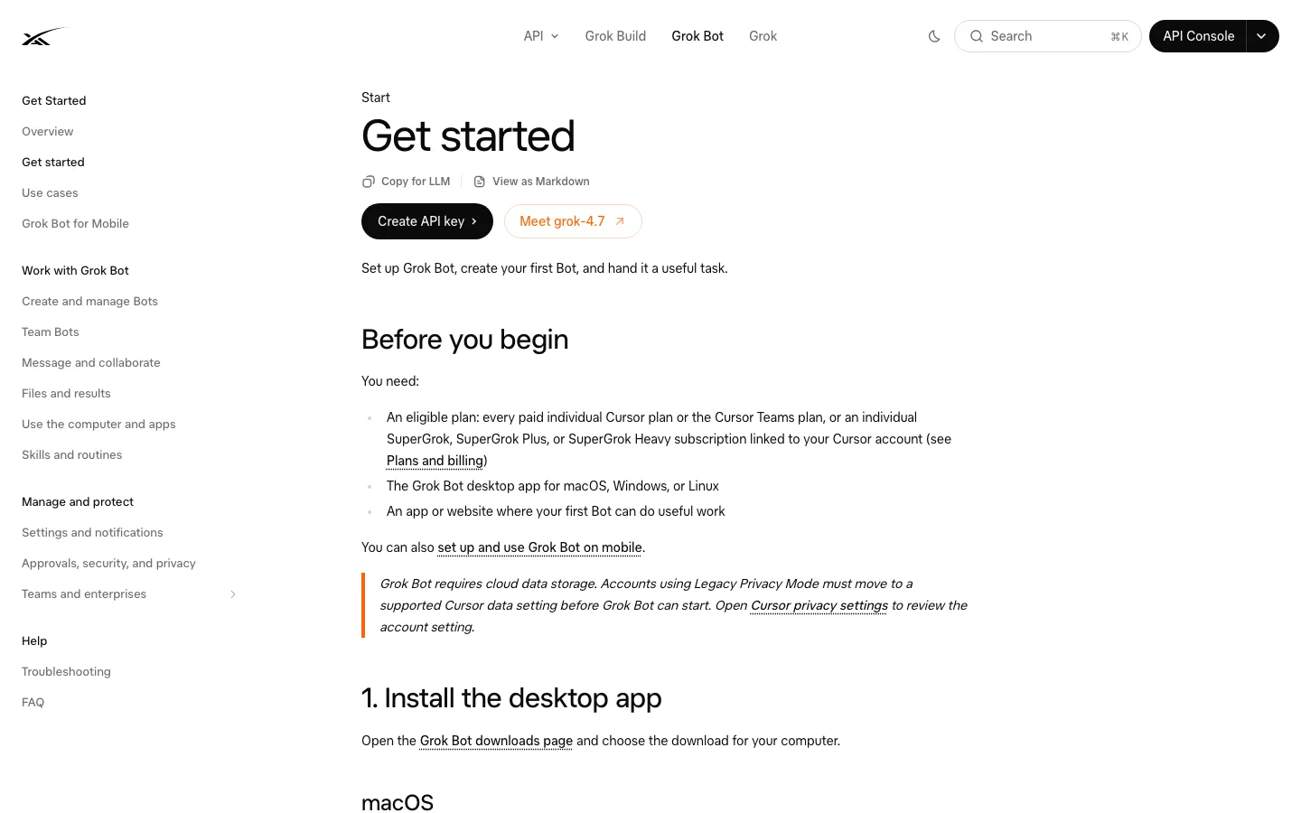 Real screenshot of the public Grok Bot setup documentation at docs.x.ai.