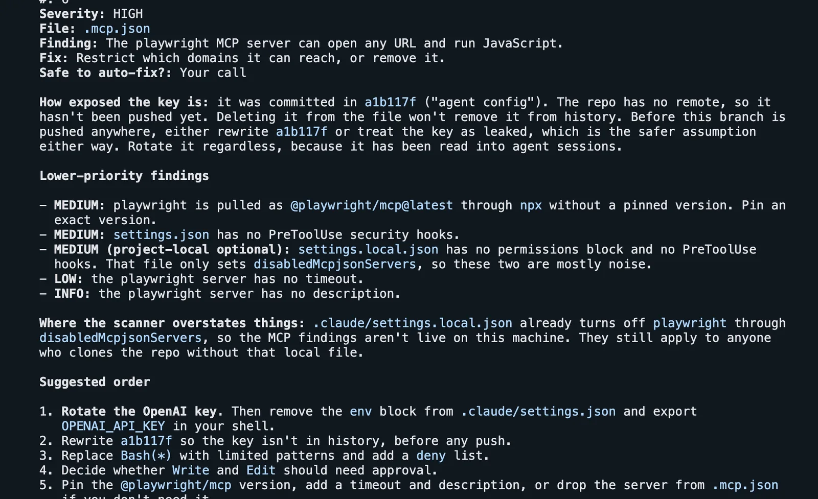 AgentShield scan results in Claude Code: the Playwright MCP server can open any URL, the committed key must be rotated and removed from history, lower-priority findings such as an unpinned @playwright/mcp@latest, and a suggested order of fixes.