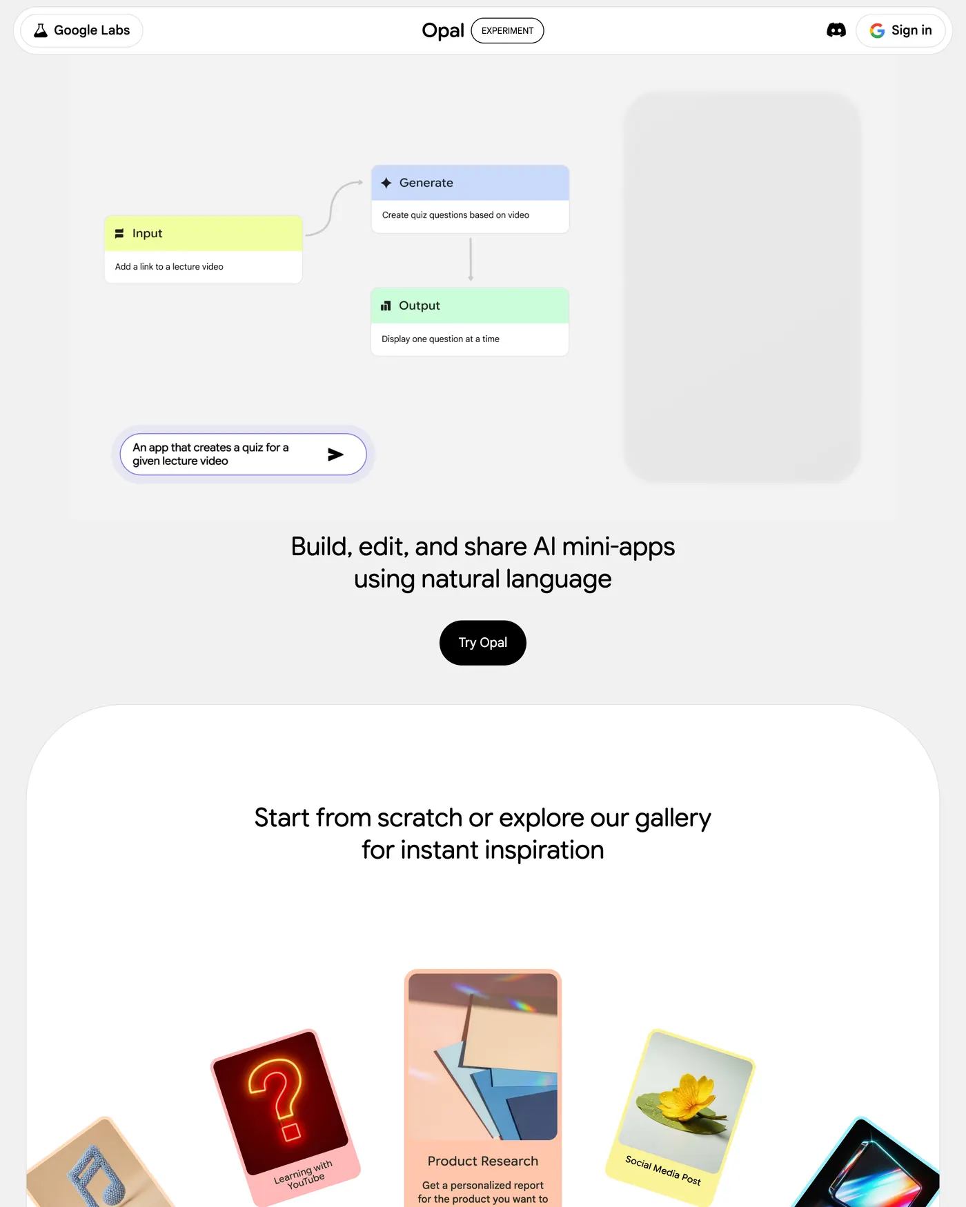 Official Opal page showing its visual workflow and quiz example.