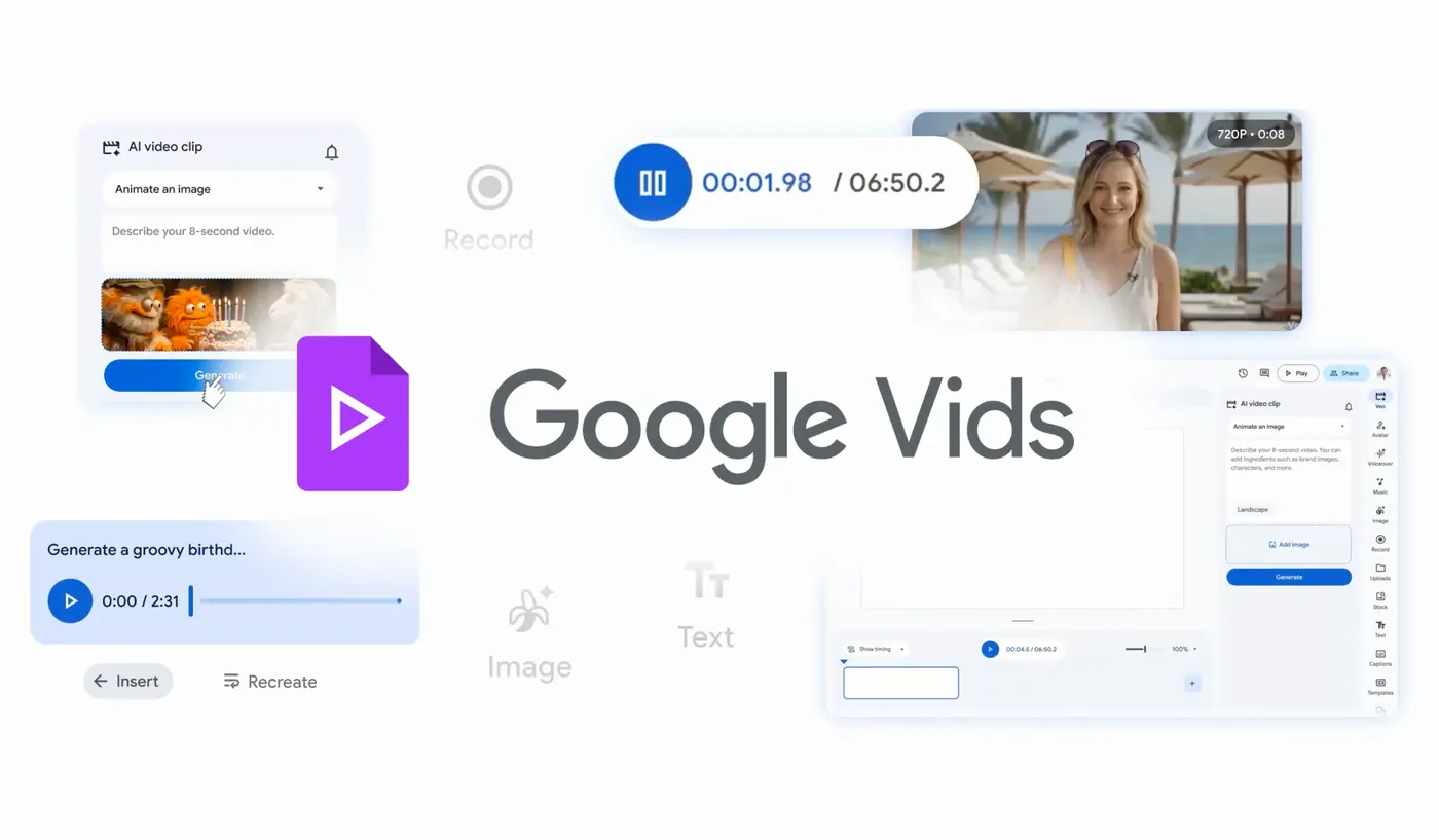 Official Google Vids editor imagery showing the AI clip panel.