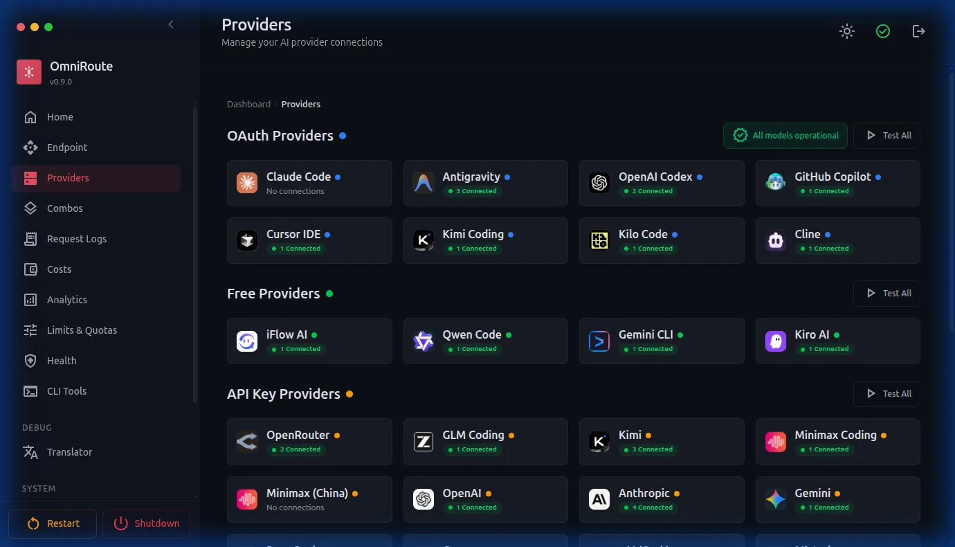 OmniRoute providers screen with free and API-key providers.