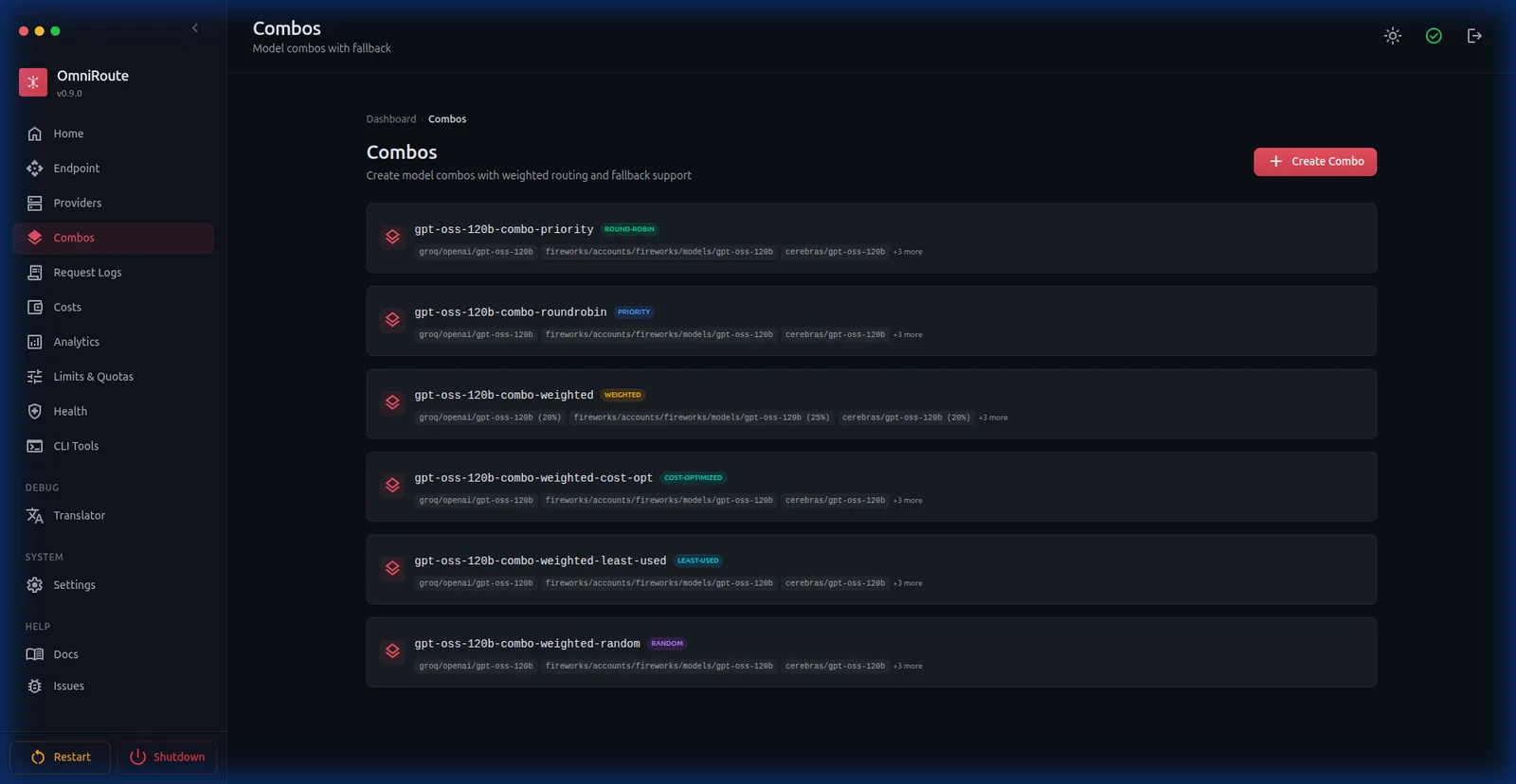 OmniRoute combos screen, where you set the order of models.