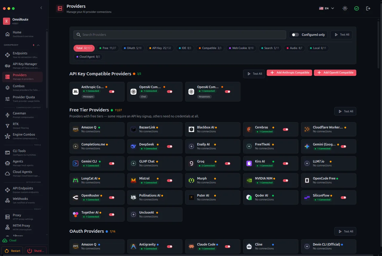 OmniRoute dashboard with the side menu and the provider list.