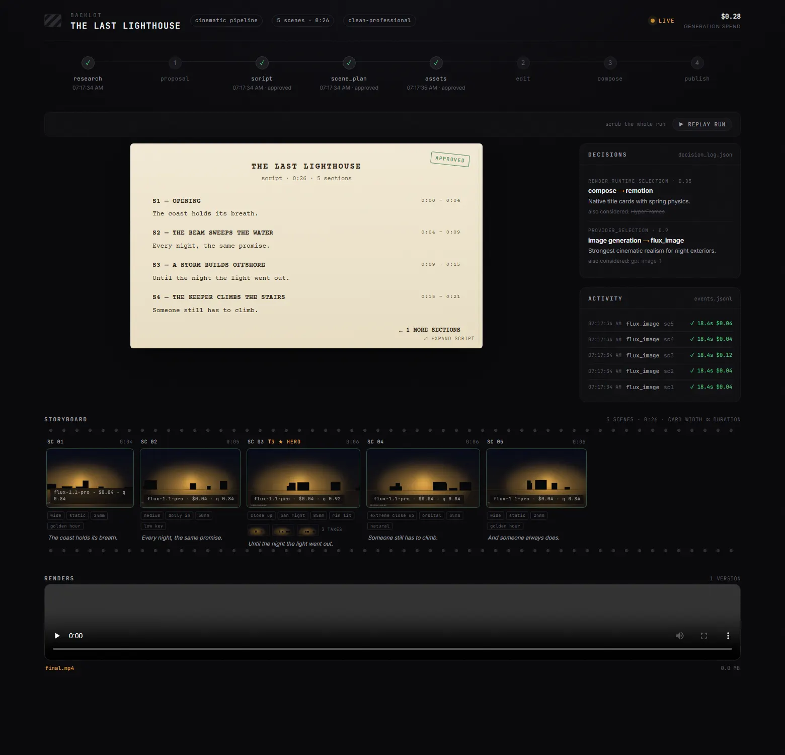 Project-published Backlot screenshot showing a script and five scene cards.