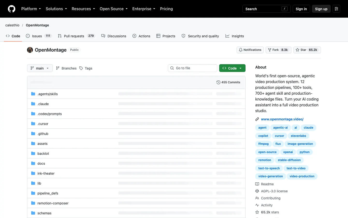 Real capture of the public OpenMontage GitHub repository showing its name and description.