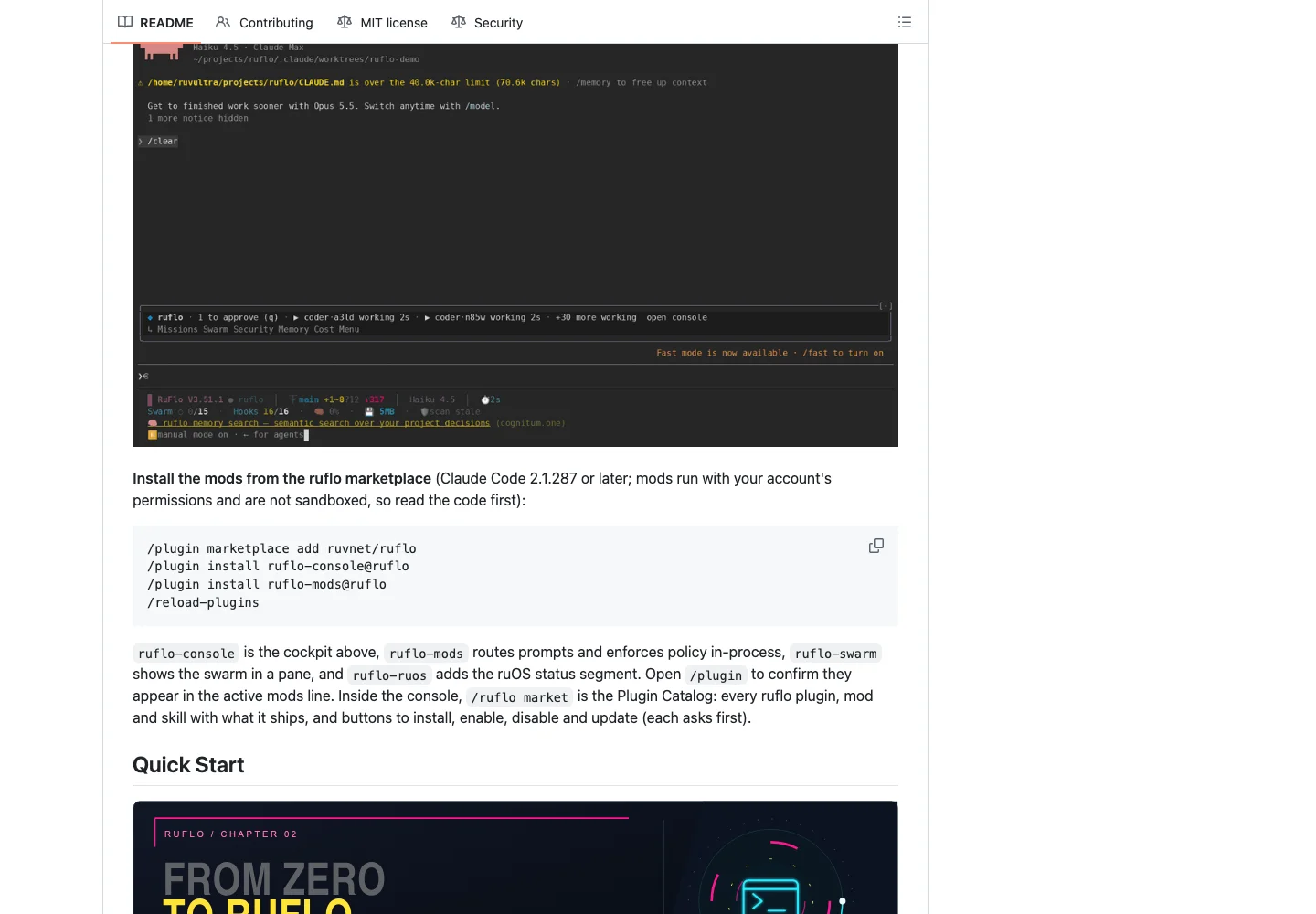 Public Ruflo repository page with the upstream introduction and installation documentation.