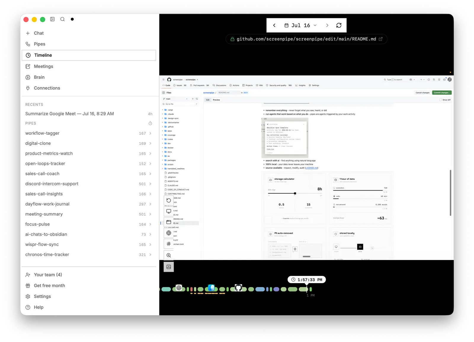 Official screenpipe app screenshot showing the timeline and app icons.