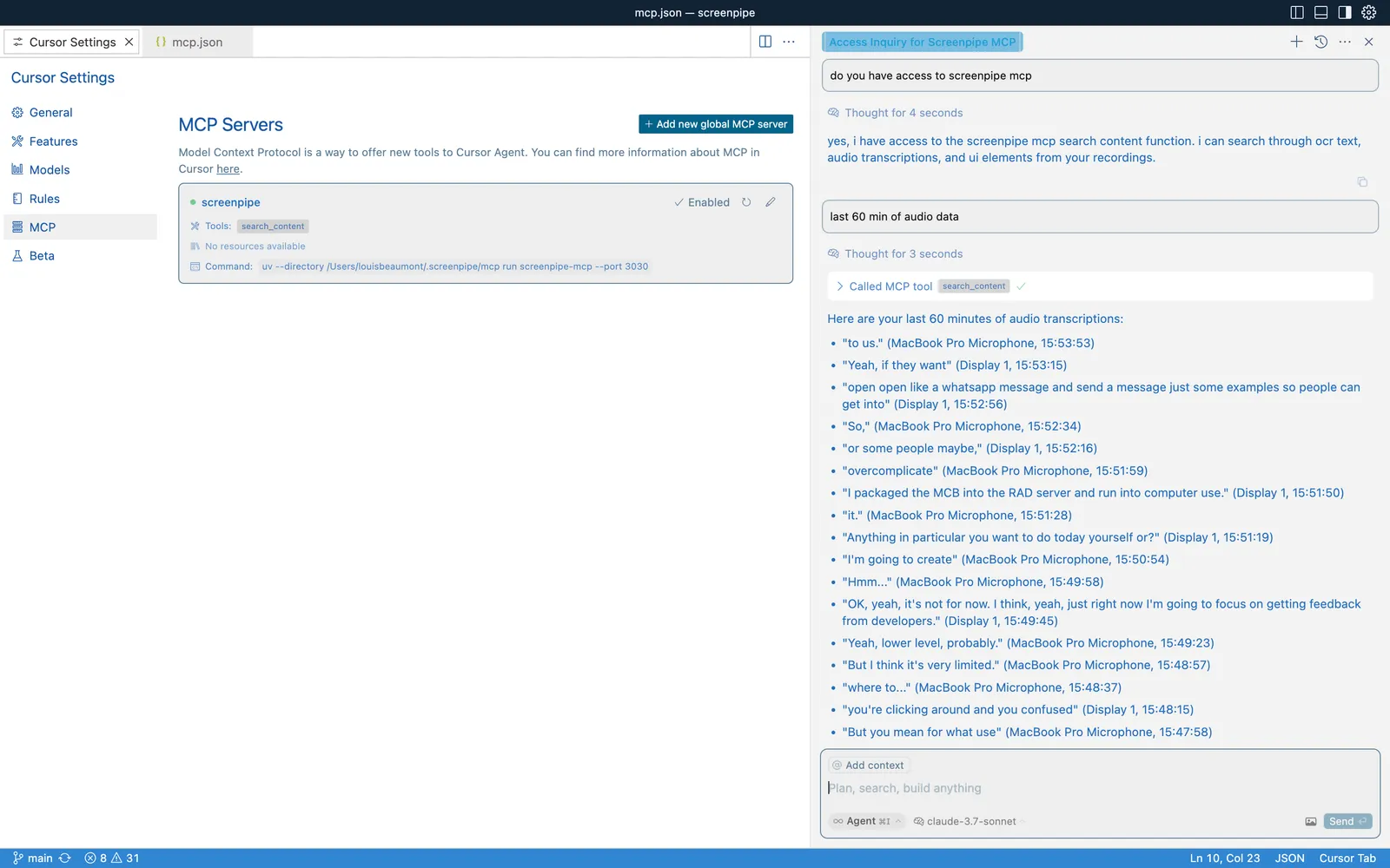 Official Cursor screenshot with screenpipe MCP audio search results.