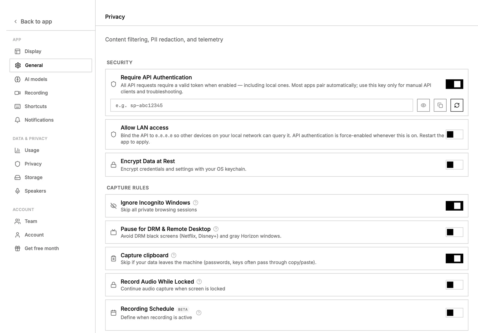Official screenpipe privacy settings with encryption and ignored-window options.
