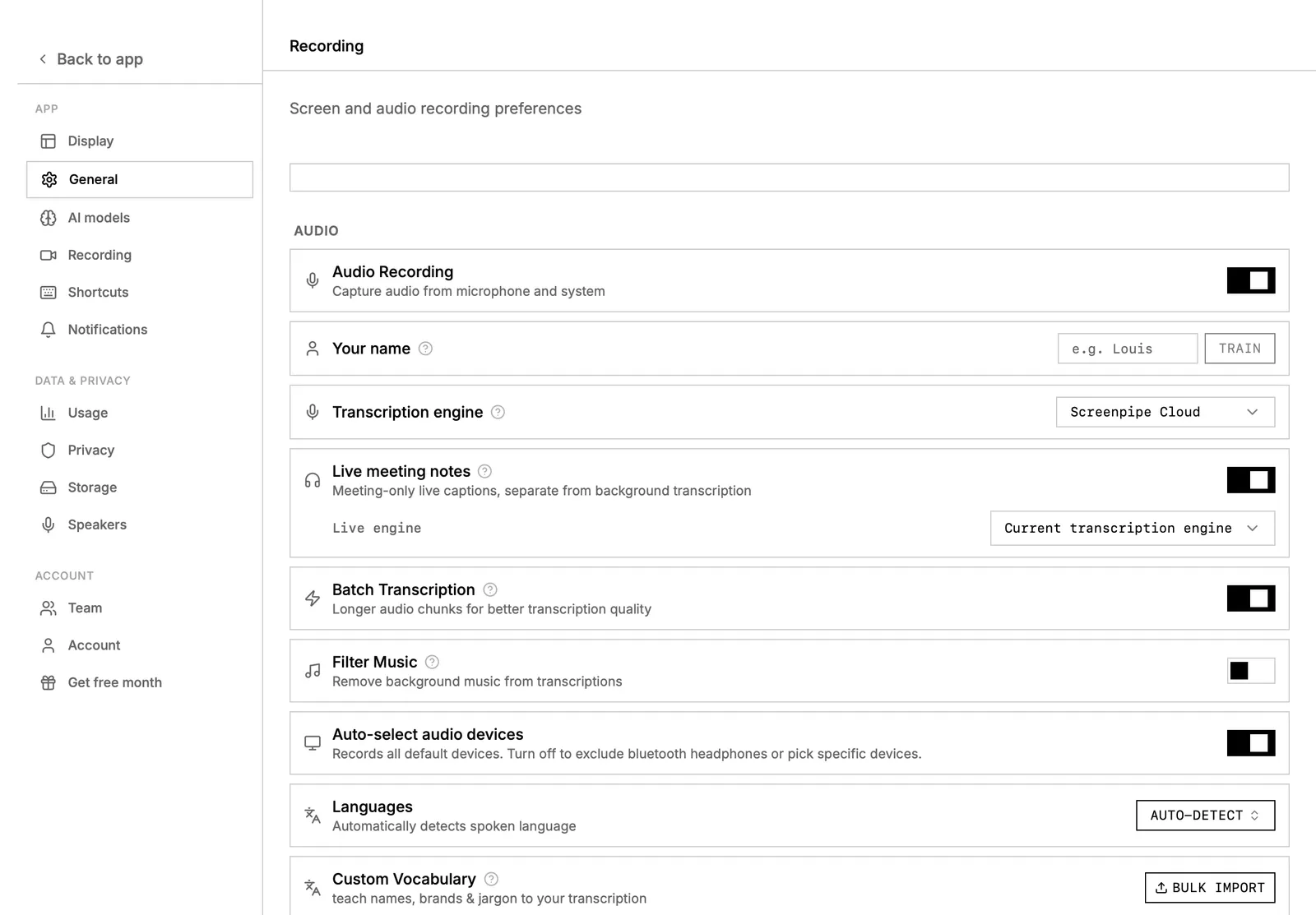 Official screenpipe recording settings showing the transcription engine.