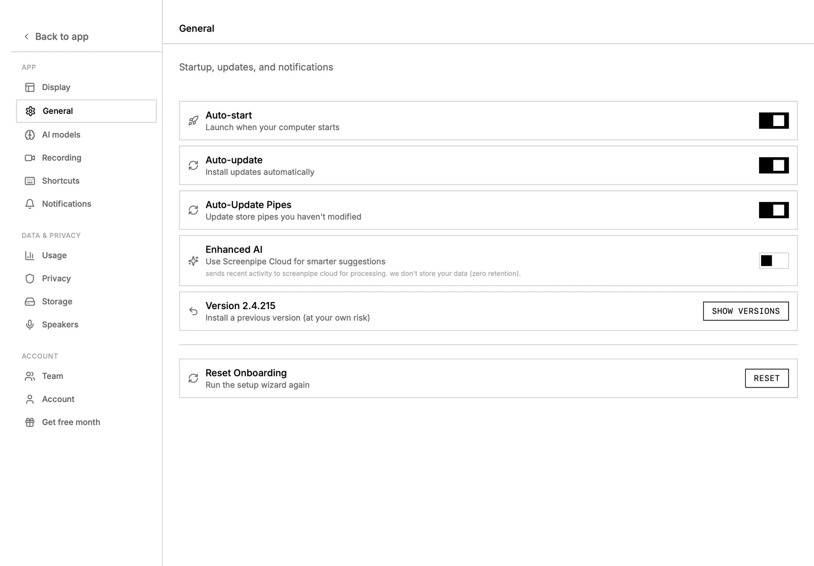 Official screenpipe Storage settings showing disk and retention controls.