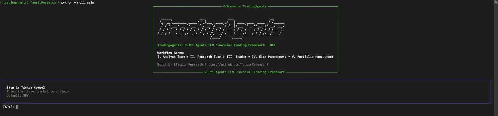 TradingAgents CLI welcome box listing the workflow: analyst team, research team, trader, risk management, portfolio management.