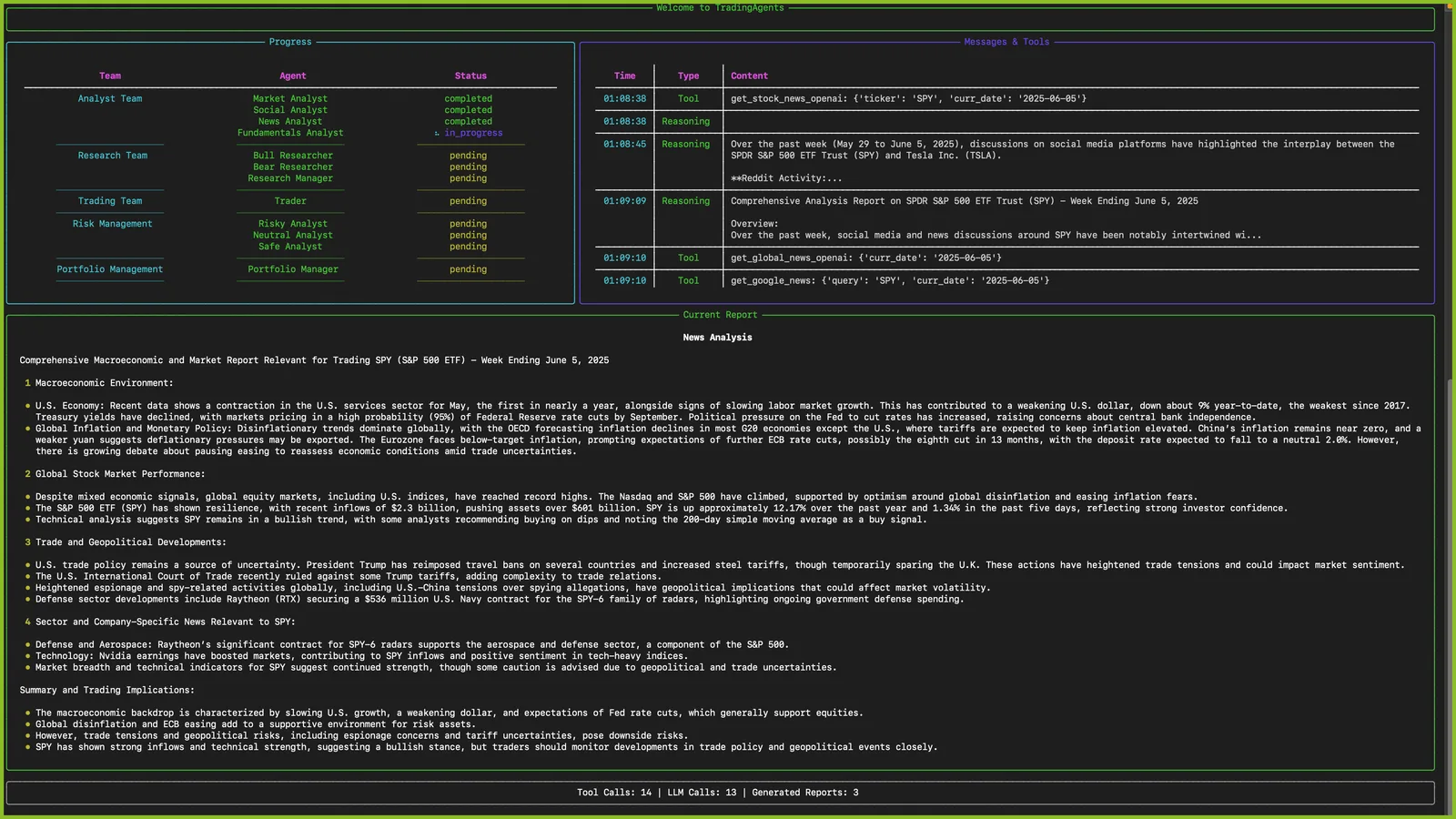 TradingAgents run in progress: progress table on the left, tool calls on the right, news analysis report below.