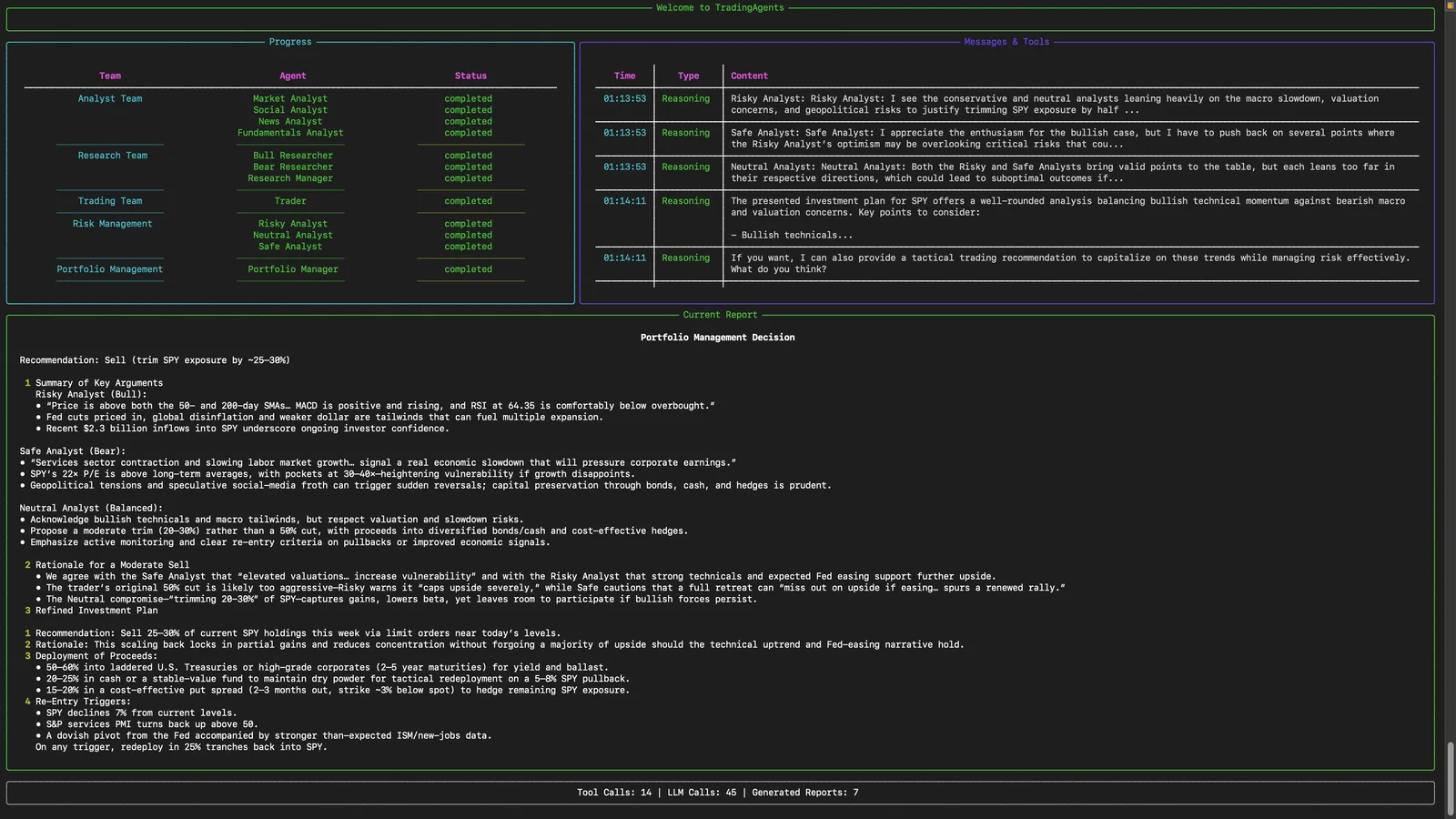 TradingAgents final portfolio management decision: recommendation, summary of key arguments and refined investment plan.