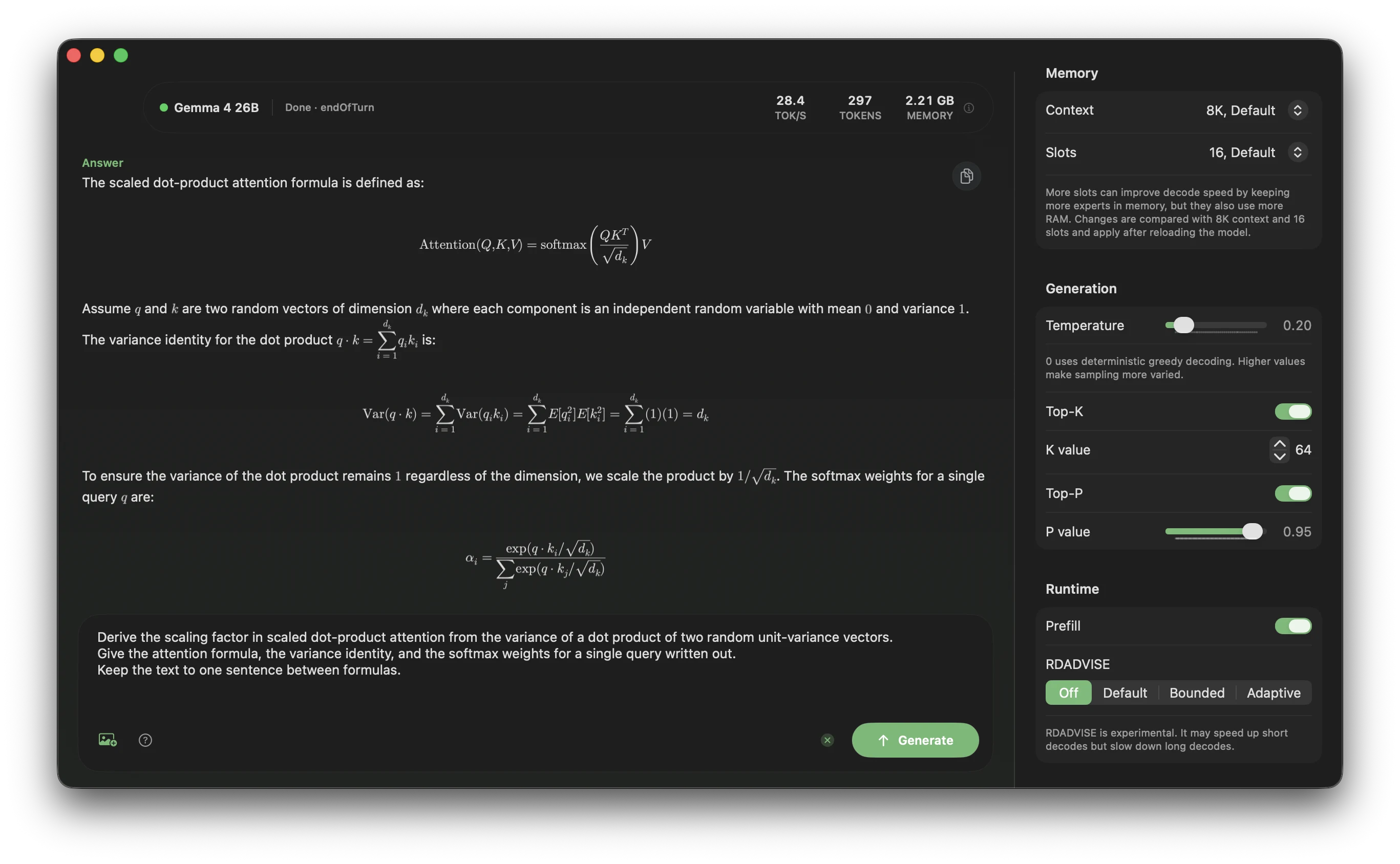 Real TurboFieldfare app screenshot showing a Gemma 4 conversation and local generation controls.