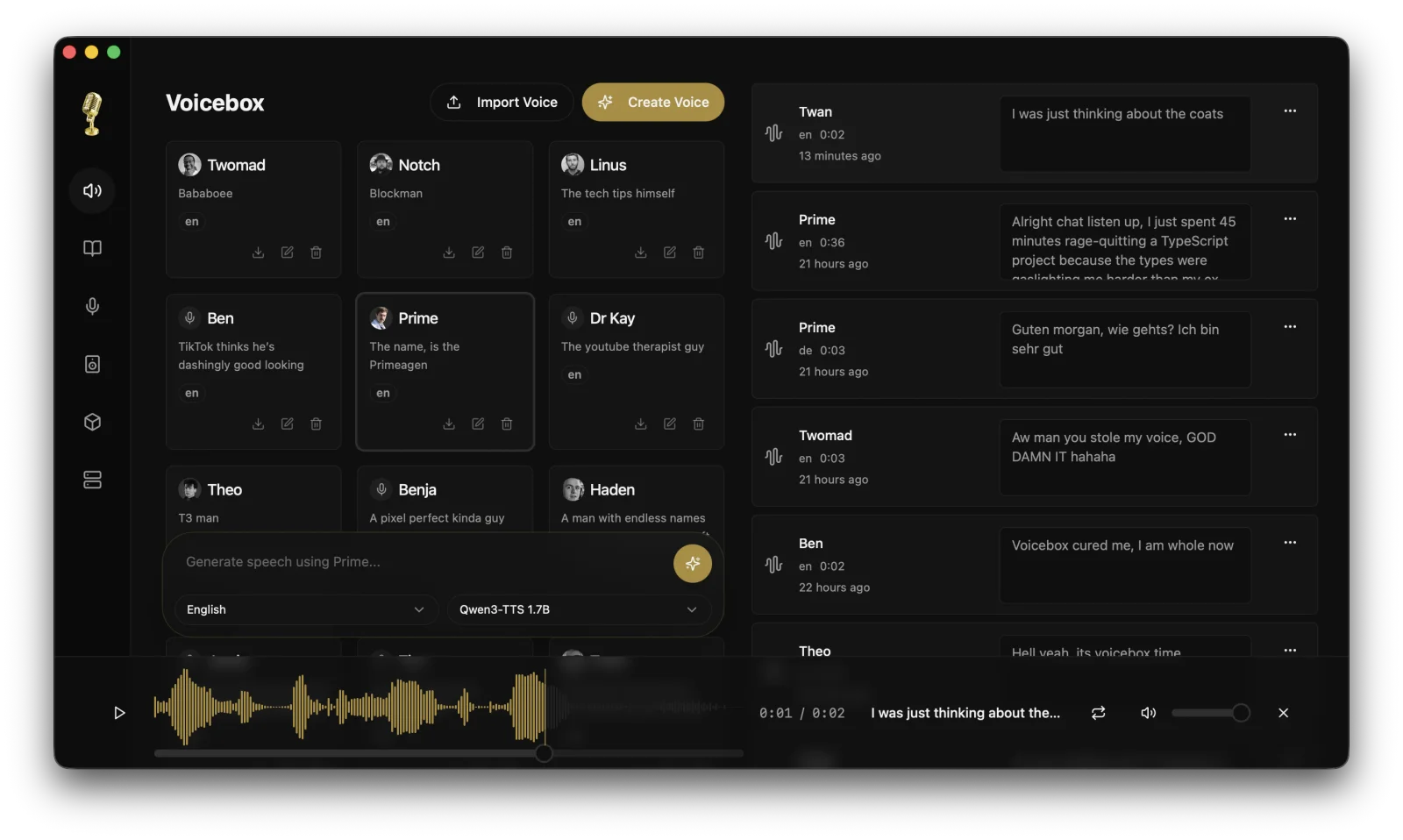 Official Voicebox window with voice profiles and the panel for generating speech from text.