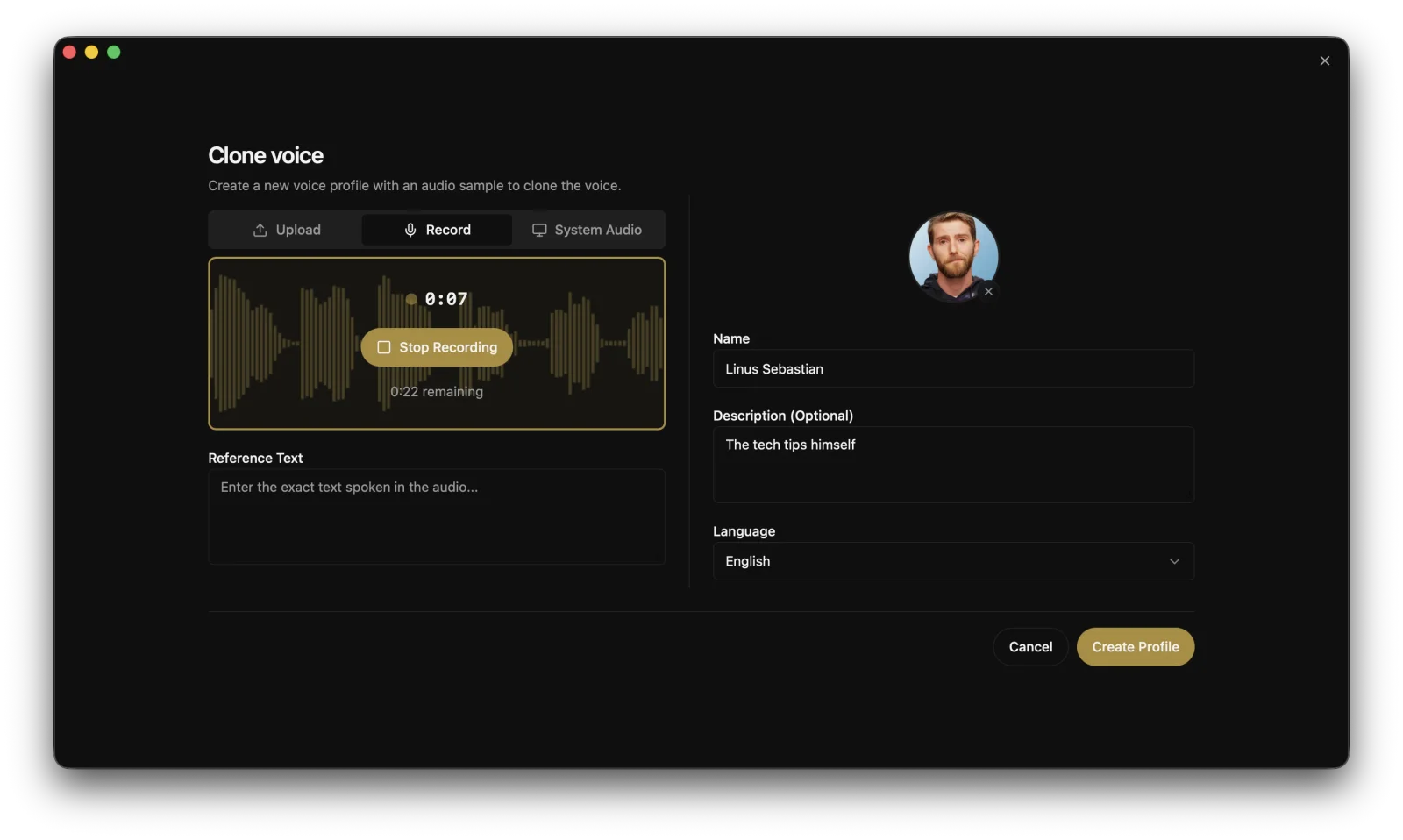 Official Voicebox screenshot showing the Clone voice dialog with a recording in progress.